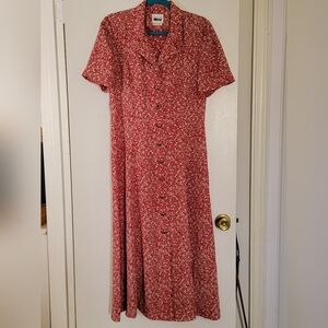Vtg 80s Leslie Fay Maxi Dress Button Up Size M (12) Red Micro Floral Fit & Flare